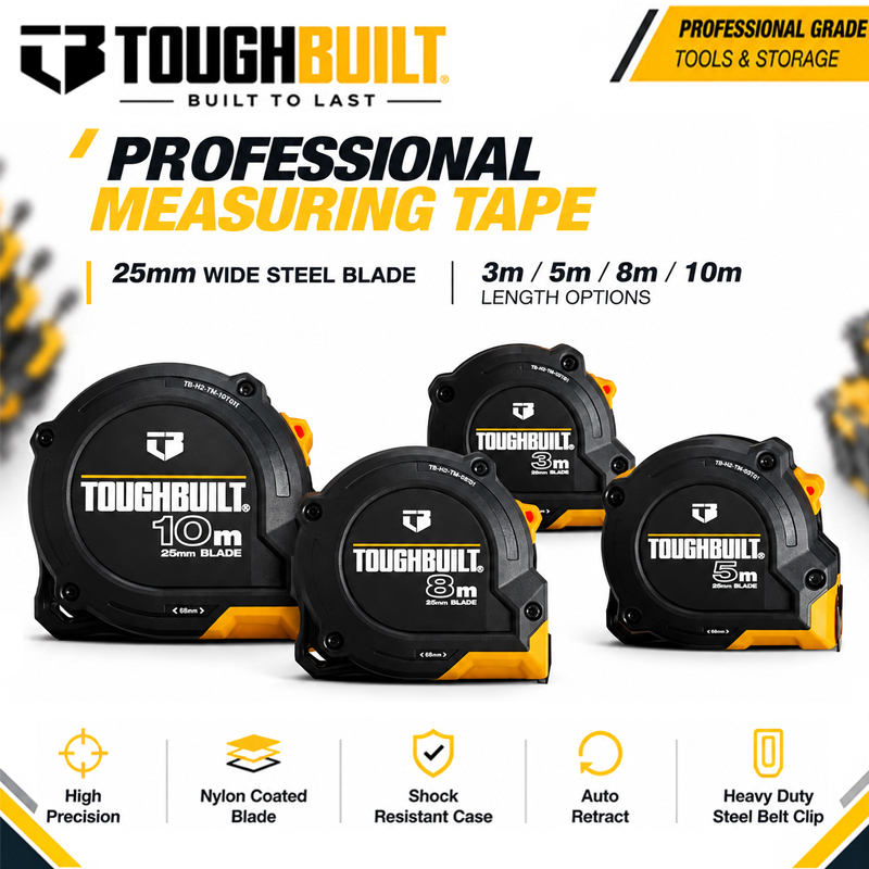 Stanley Tape 25Ft - TOUGHBUILT 3m/5m/8m/10m serie stalen meetlint, 25mm